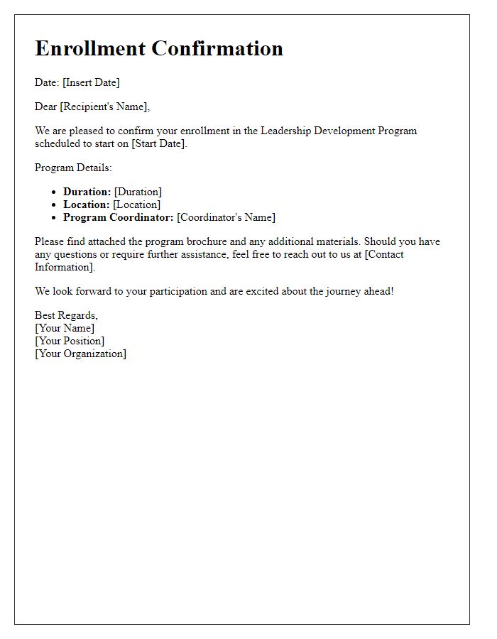 Letter template of confirmation for leadership development program enrollment