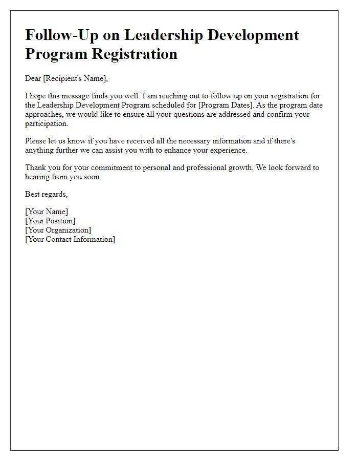 Letter template of follow-up on leadership development program registration