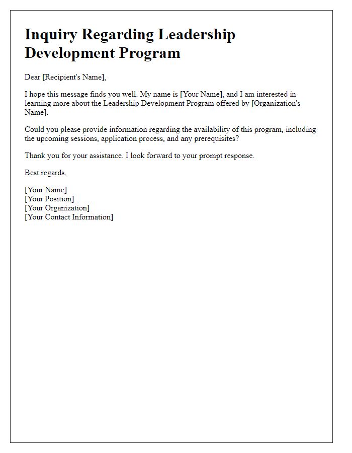 Letter template of inquiry regarding leadership development program availability