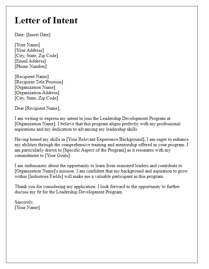 Letter template of intent to join leadership development program