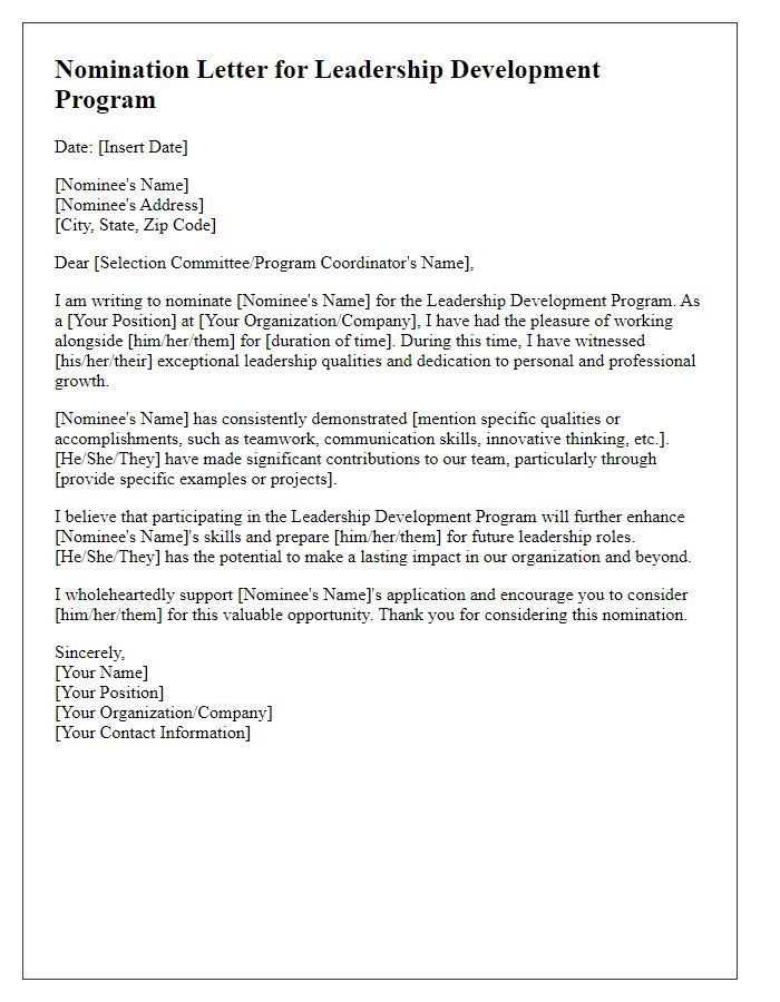 Letter template of nomination for leadership development program selection