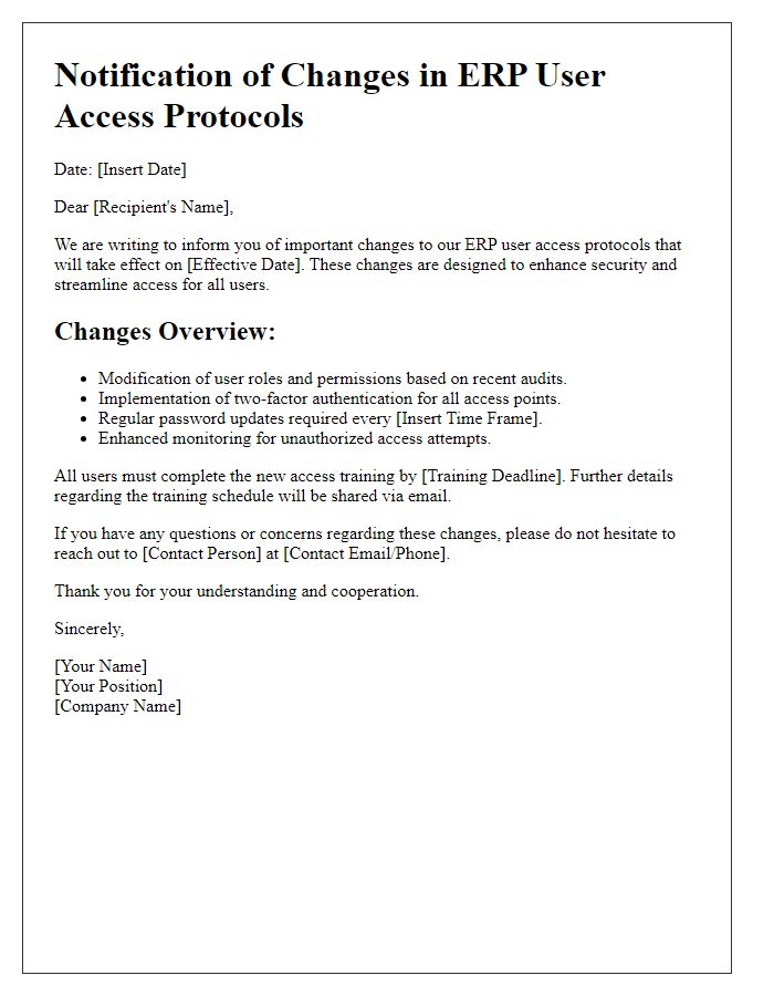 Letter template of changes in ERP user access protocols