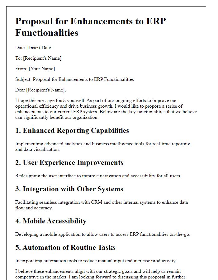 Letter template of enhancements to ERP functionalities