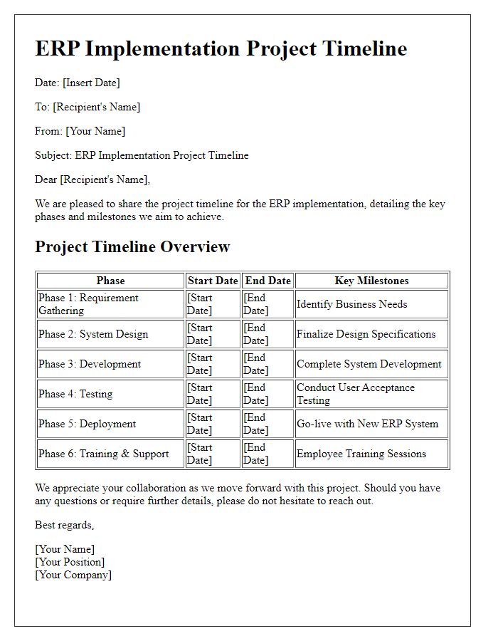 Letter template of ERP implementation project timeline