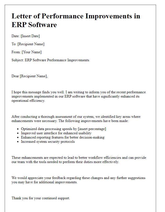 Letter template of ERP software performance improvements