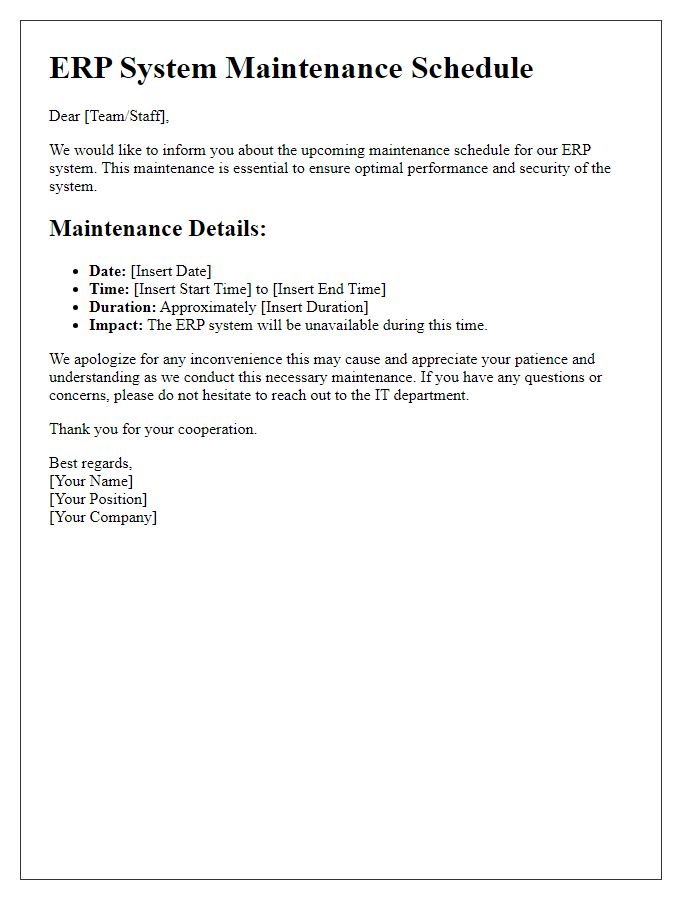 Letter template of ERP system maintenance schedule