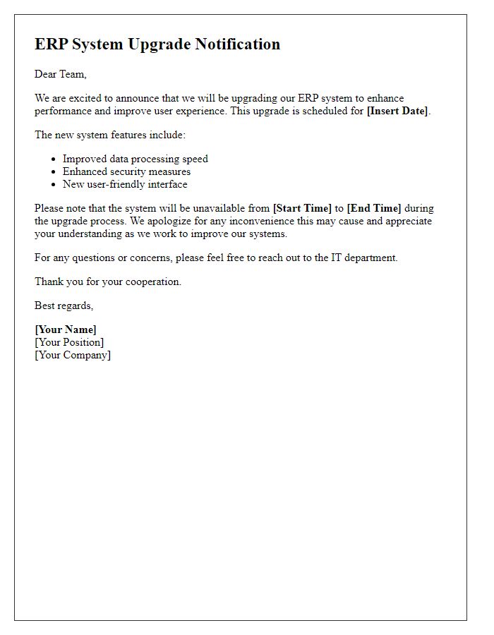 Letter template of ERP system upgrade notification