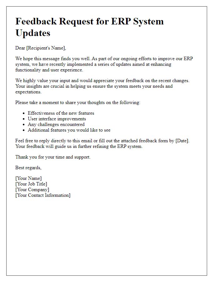 Letter template of feedback request for ERP system updates