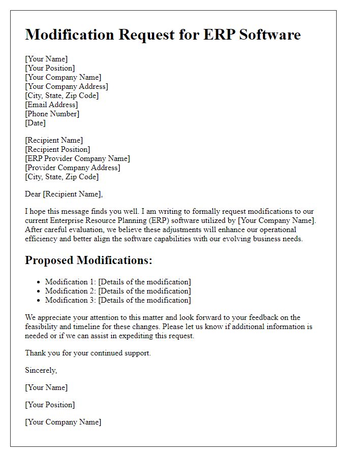 Letter template of modifications to enterprise resource planning software