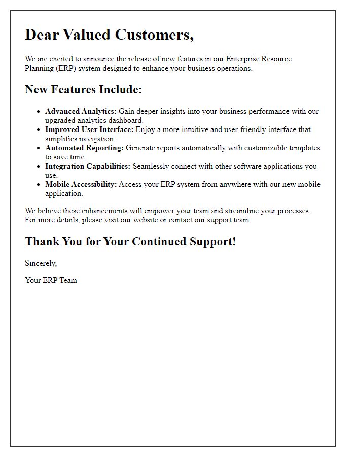 Letter template of new features in enterprise resource planning