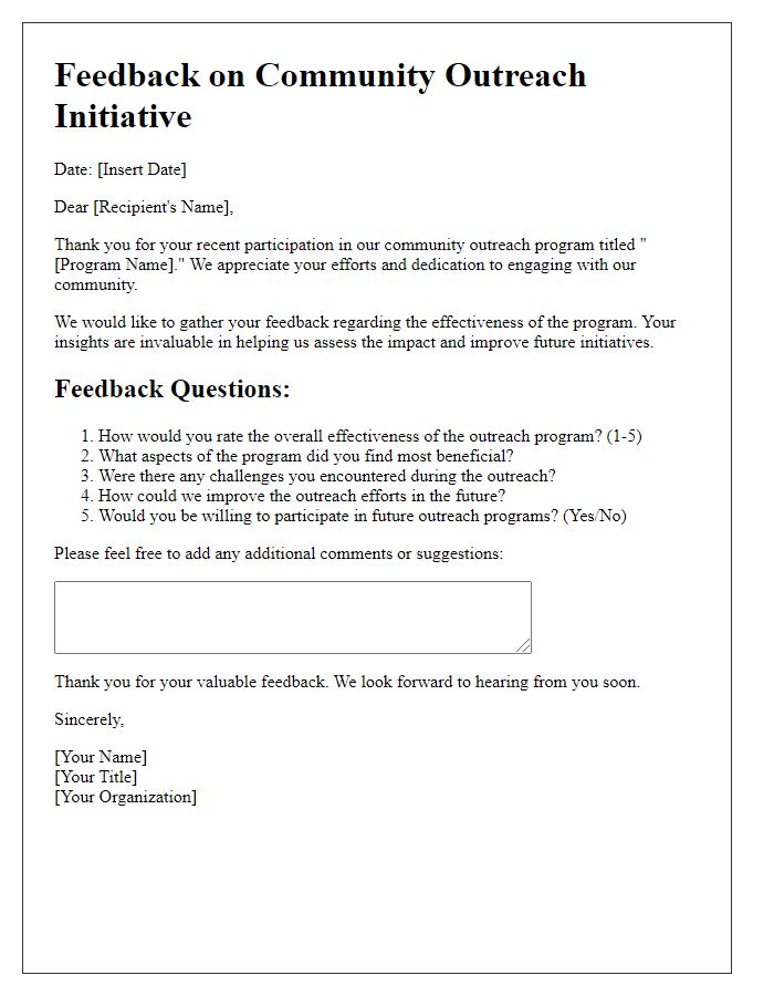 Letter template of feedback on community outreach effectiveness