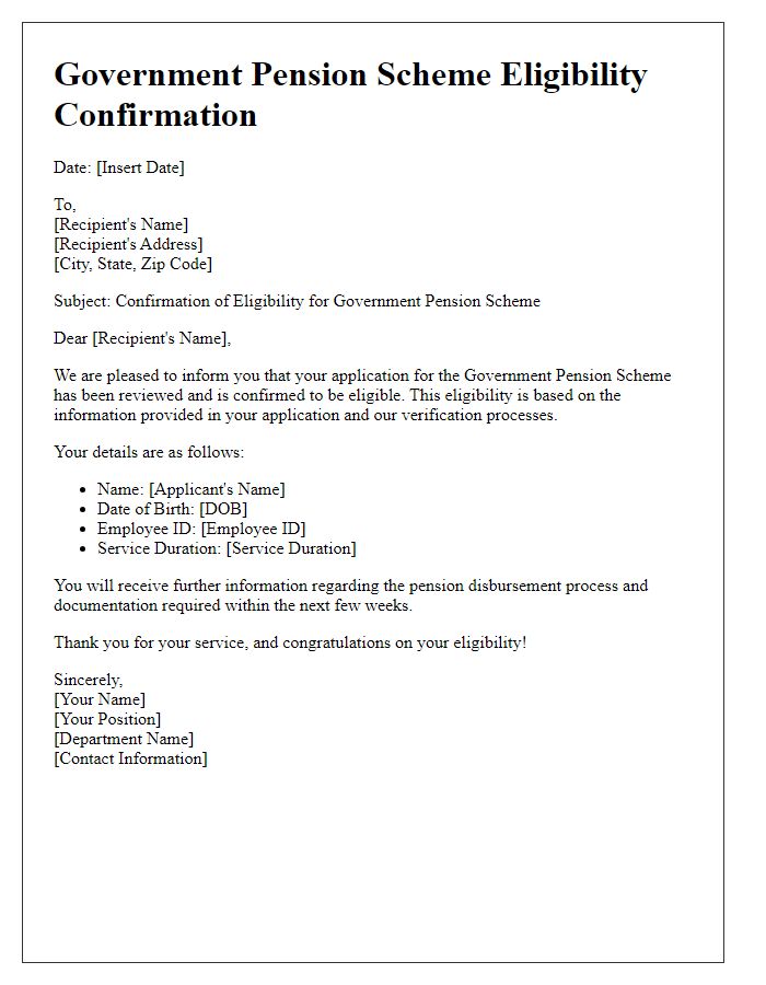 Letter template of government pension scheme eligibility confirmation