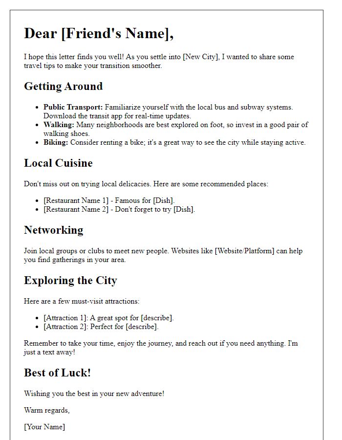 Letter template of travel tips for a friend settling in a new city