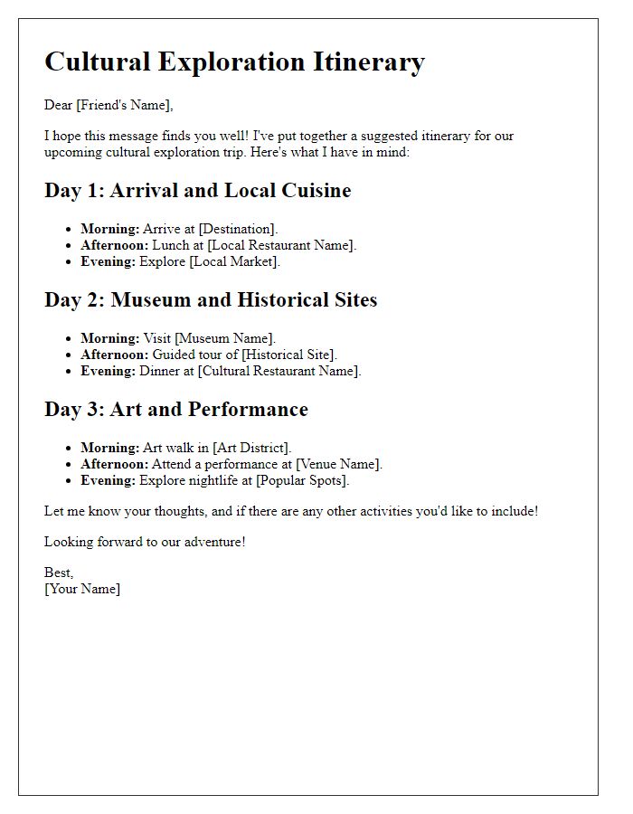 Letter template of itinerary suggestion for a cultural exploration with a friend.