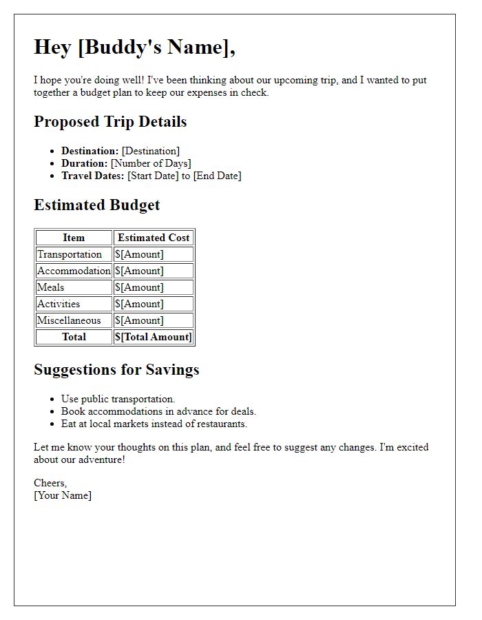 Letter template of travel budget planning for an affordable trip with your buddy.