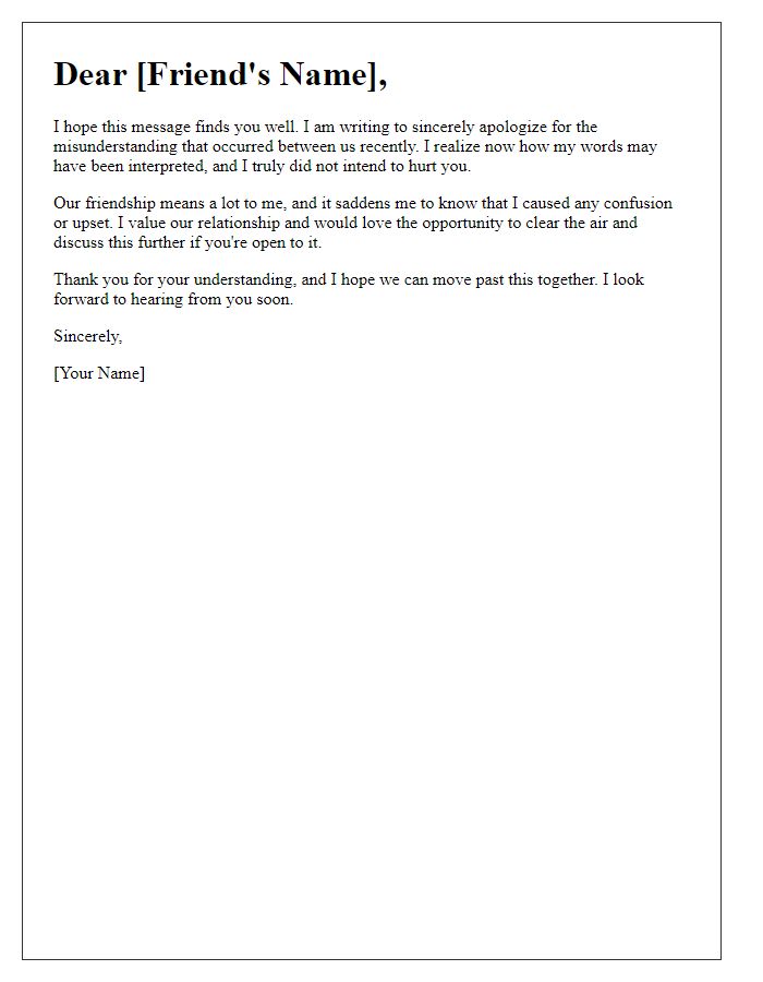 Letter template of apologizing for a misunderstanding with a friend