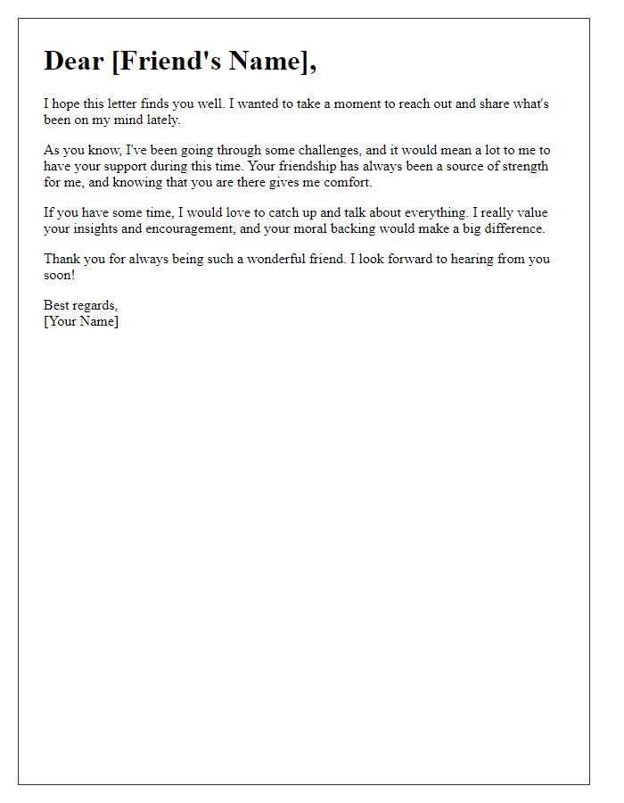 Letter template of reaching out to a friend for moral backing.