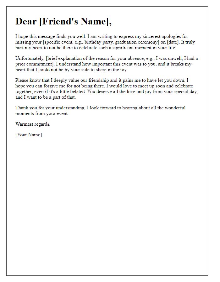 Letter template of heartfelt apology for missing a friend's important event