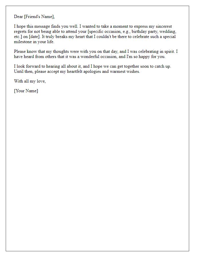 Letter template of sincere regret for not attending a friend's special occasion