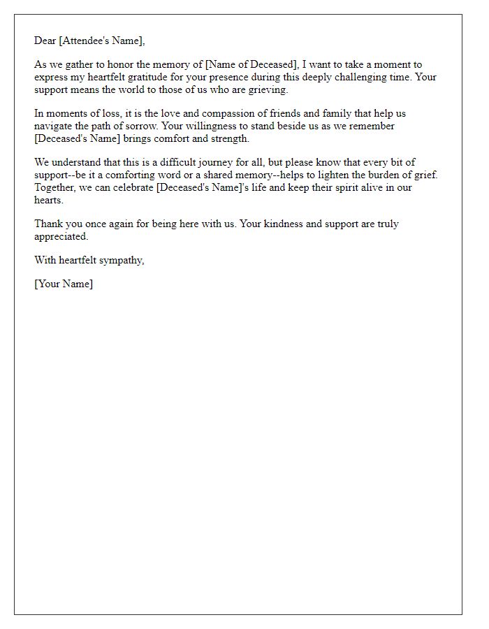 Letter template of comfort for attendees supporting the bereaved.