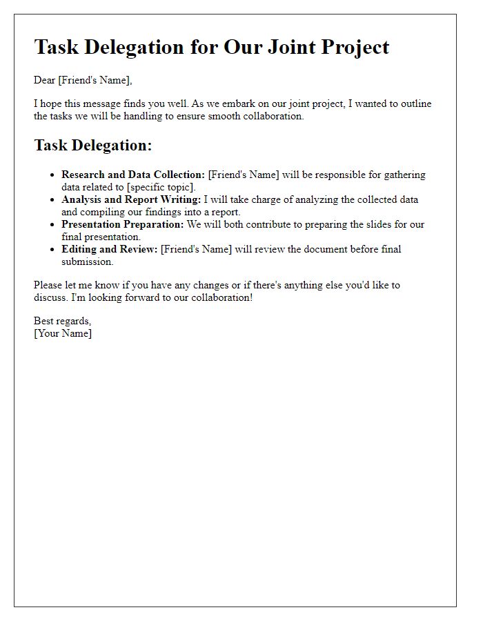 Letter template of task delegation for a joint project with a friend