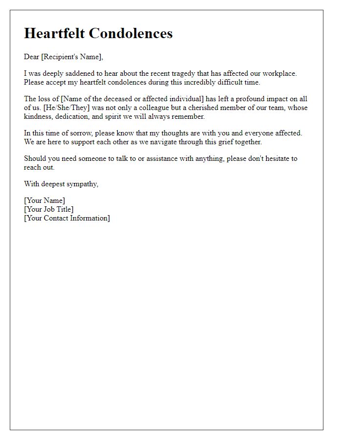 Letter template of heartfelt condolences for workplace tragedy