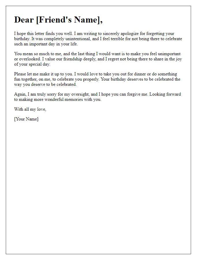 Letter template of a thoughtful apology for forgetting a close friend's birthday