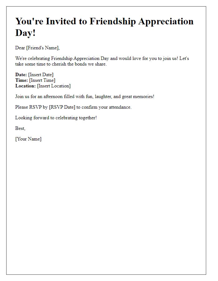 Letter template of Friendship Appreciation Day Invitation