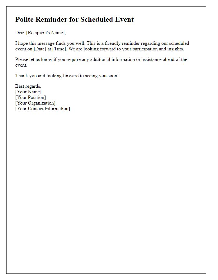 Letter template of a polite reminder for a scheduled event