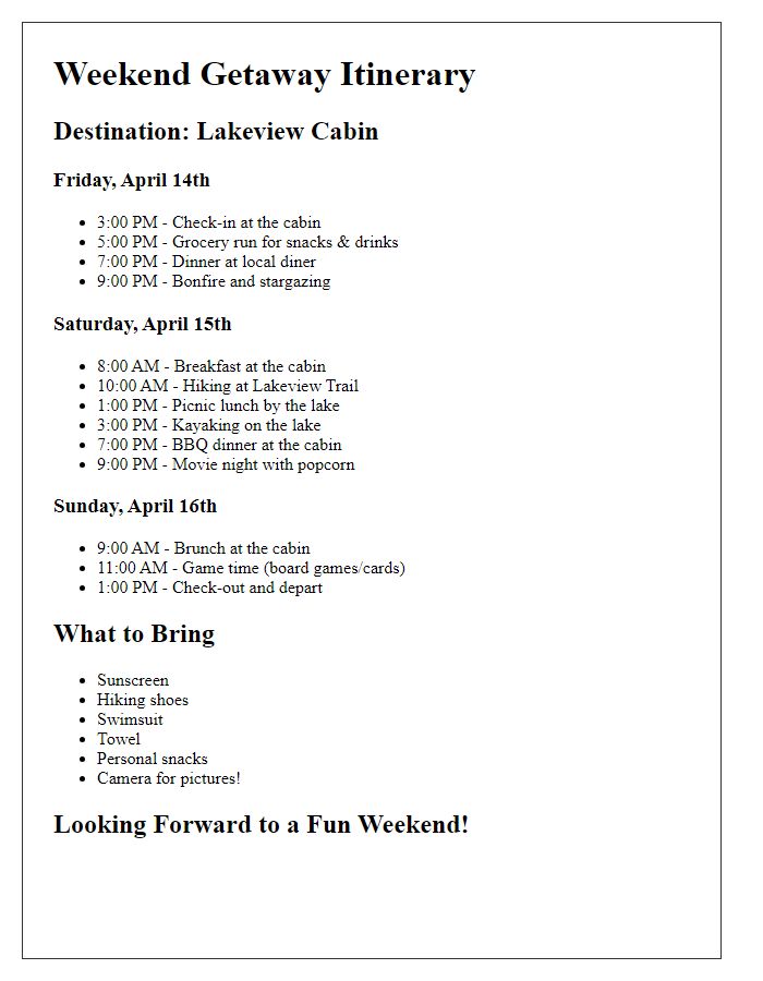 Letter template of a casual getaway itinerary for pals