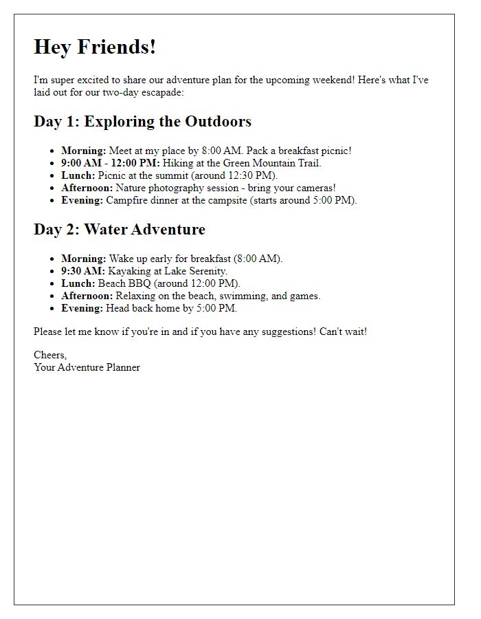 Letter template of a two-day adventure plan for friends