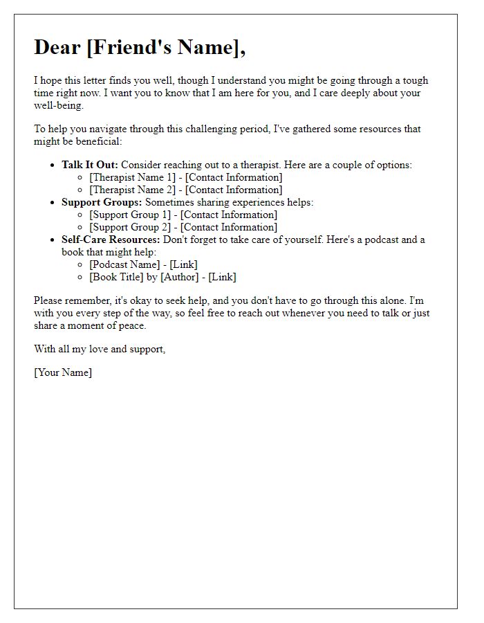 Letter template of resources for helping a struggling friend