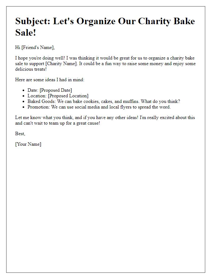 Letter template of coordinating a charity bake sale with a friend.