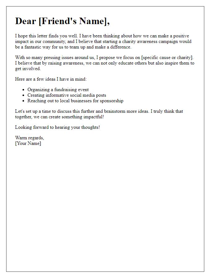 Letter template of creating a charity awareness campaign with a friend.