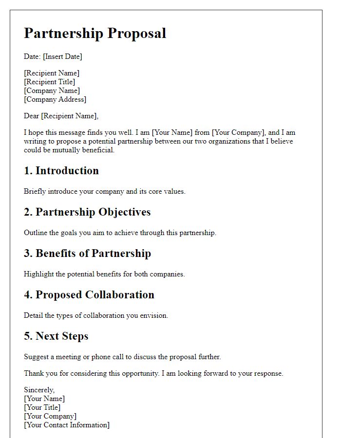 Letter template of outline for a friendly business partnership proposal