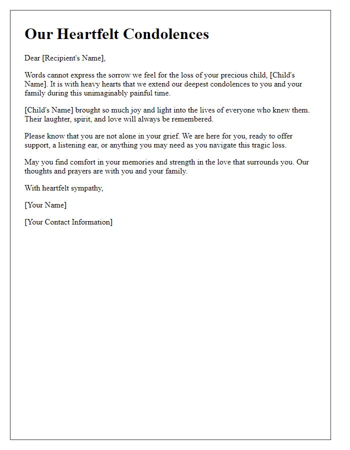 Letter template of heartfelt condolences for loss of a child