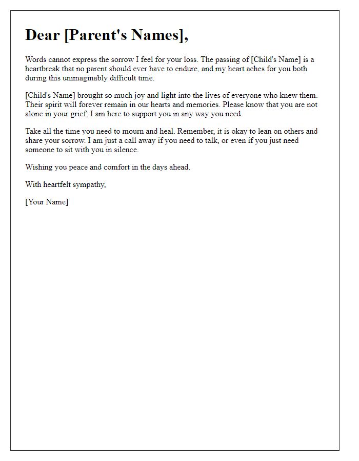 Letter template of solace for parents experiencing child loss