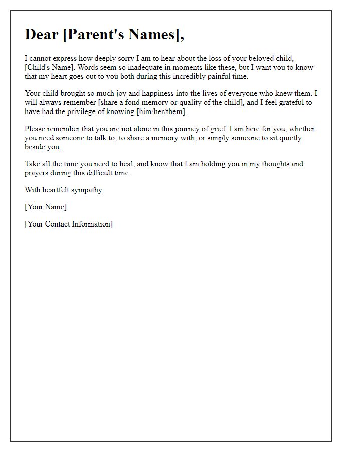 Letter template of support for parents mourning their child