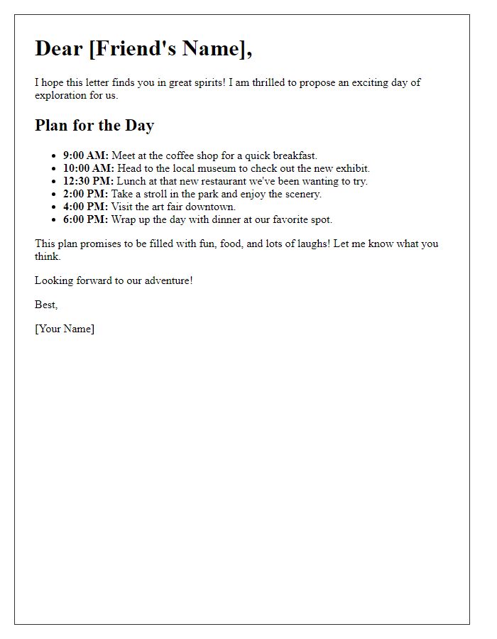 Letter template of a plan for an exciting day of exploration with a friend.