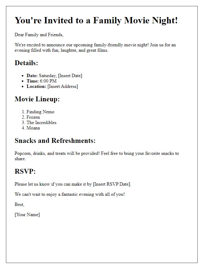 Letter template of family-friendly films for a fun gathering.