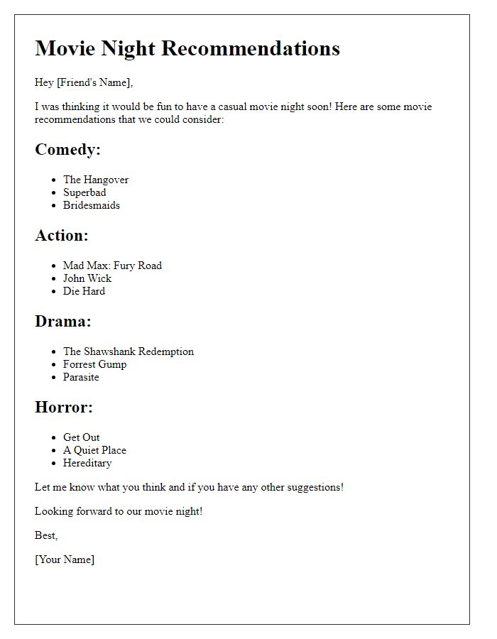 Letter template of movie recommendations for a casual movie night.