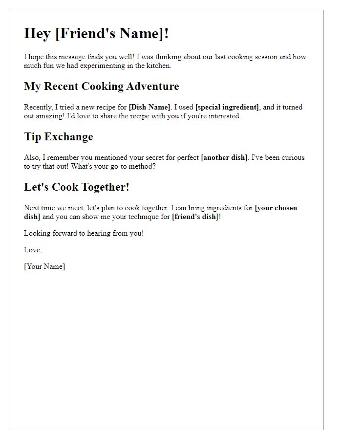 Letter template of exchanging cooking tips with a close friend