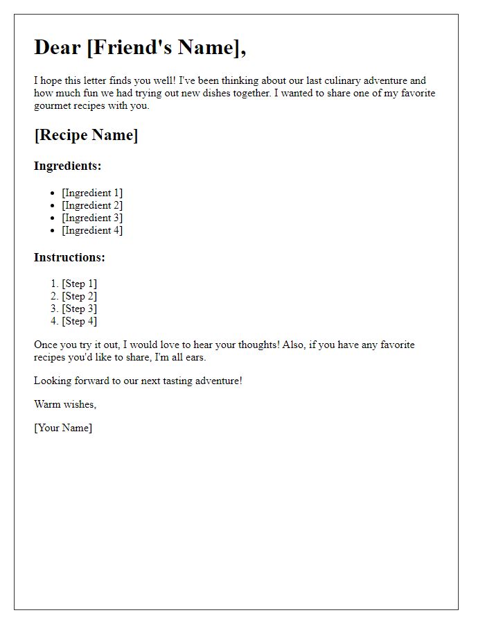Letter template of exchanging gourmet recipes with a friend