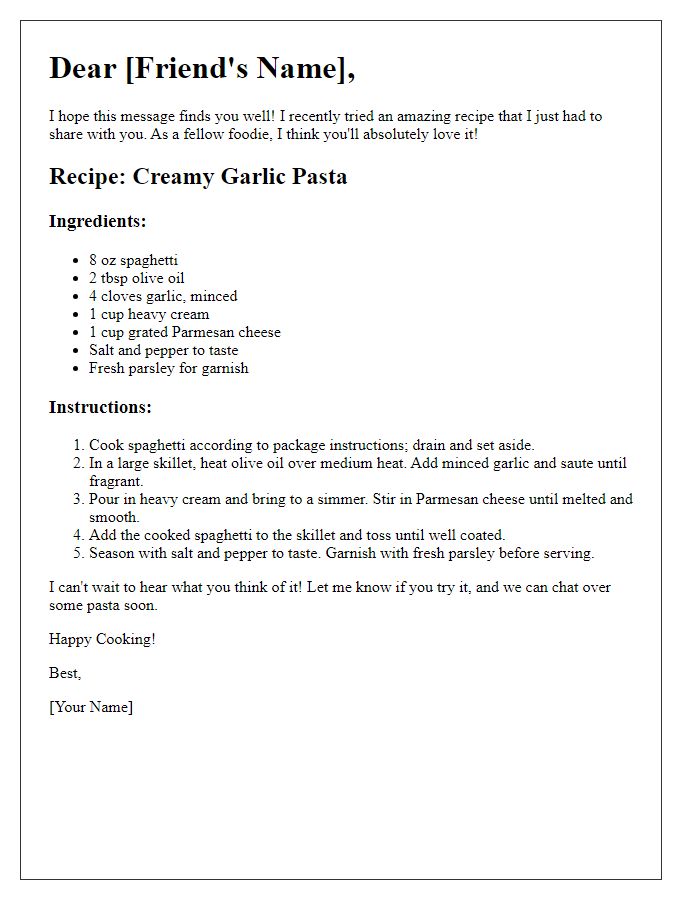 Letter template of recipe sharing with a foodie friend