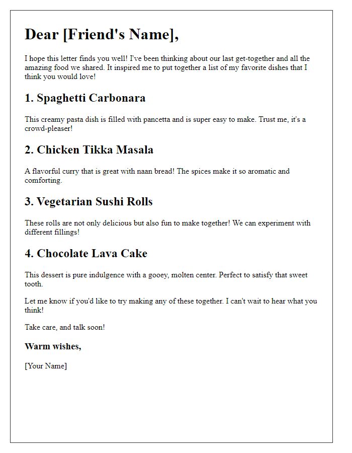 Letter template of sharing favorite dishes with a friend