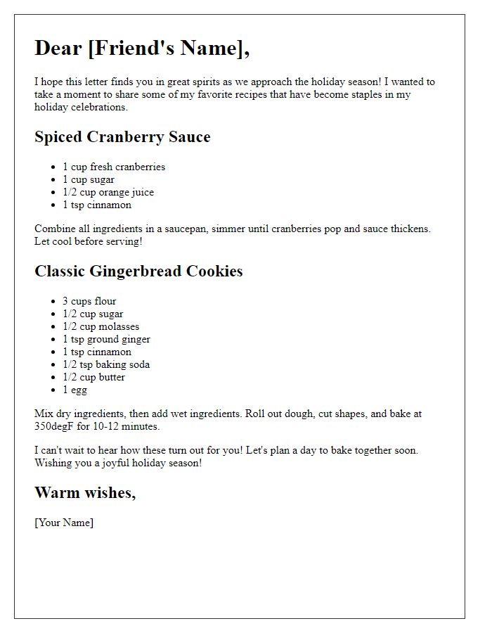 Letter template of sharing holiday recipes with a cherished friend