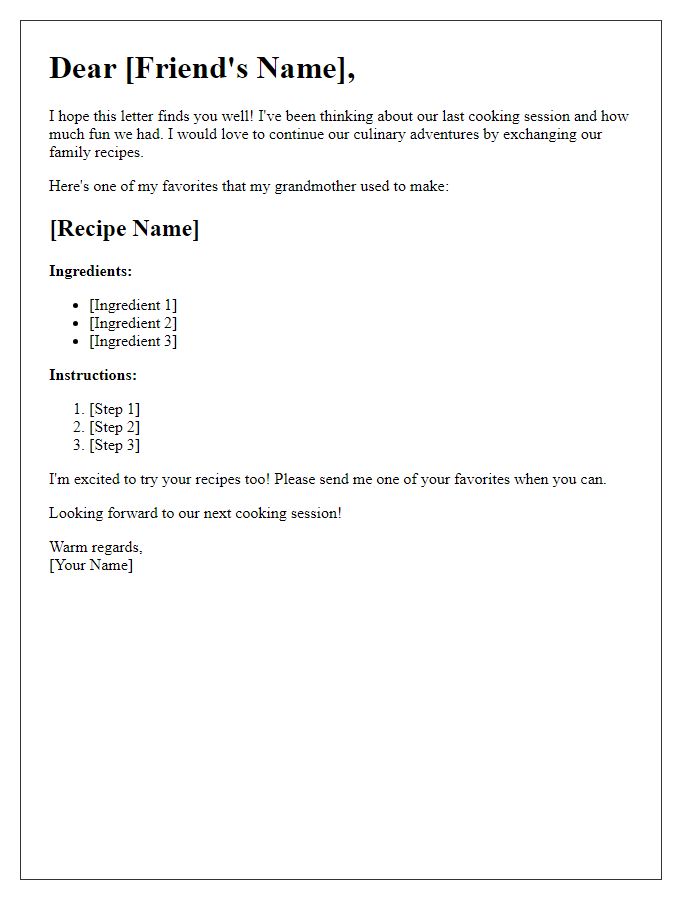 Letter template of trading family recipes with a friend