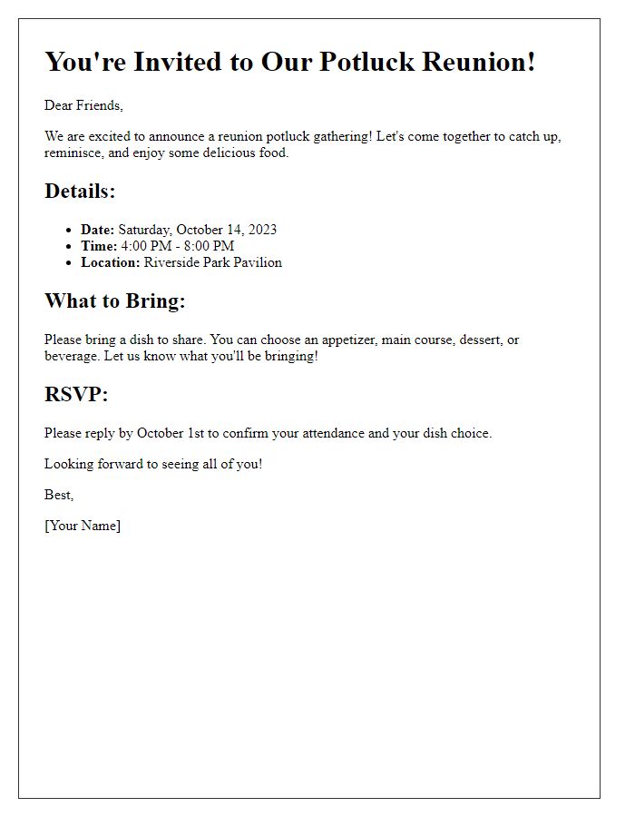 Letter template of a potluck reunion plan for friends.