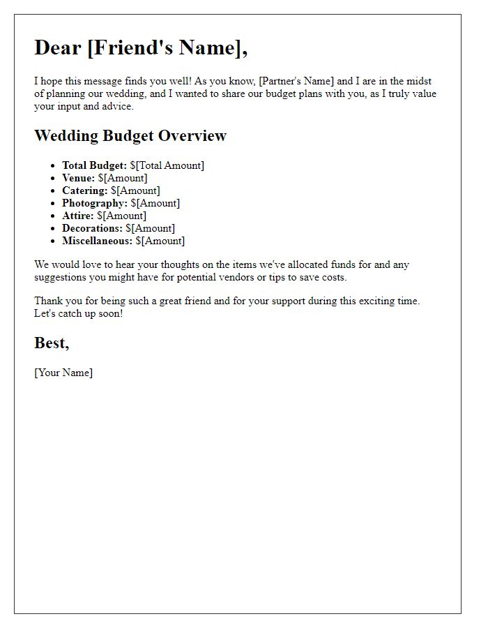 Letter template of sharing wedding budget plans with a trusted friend