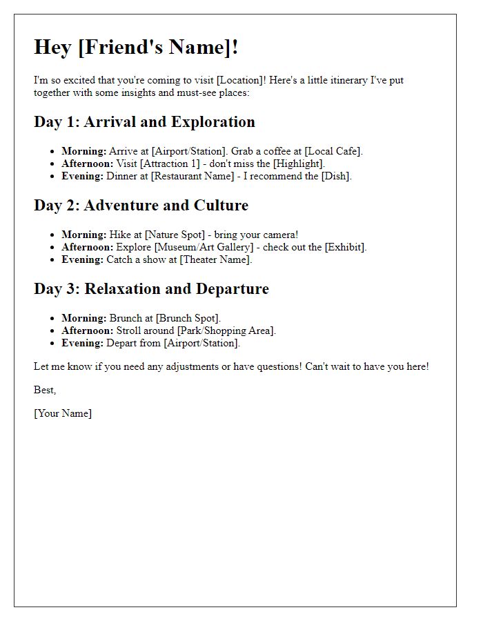 Letter template of itinerary insights for a friend visiting a new location.